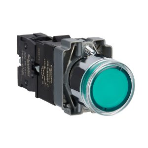 Complete illuminated push button, Easy Harmony XB2, metal, flush, green, 22mm, spring return, 220V AC, 1NO