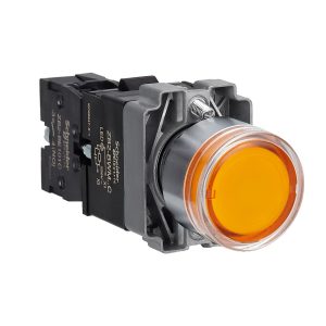 Illuminated push button, Easy Harmony XB2, metal, flush, orange, 22mm, spring return, 220V AC, 1NO