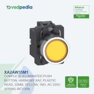 Complete illuminated push button, Easy Harmony XA2, plastic head, 22mm, yellow, 1NO, AC 220V, spring return