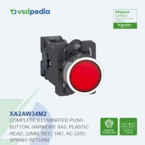Complete illuminated push button, Easy Harmony XA2, plastic head, 22mm, red, 1NC, AC 220V, spring return