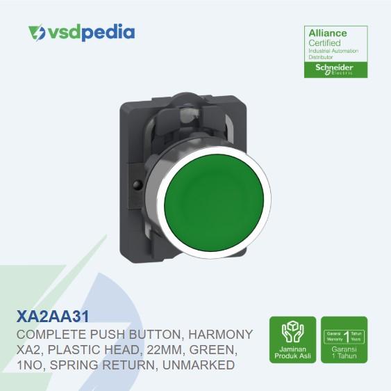 Complete push button, Easy Harmony XA2, plastic head, 22mm, green, 1NO, spring return, unmarked